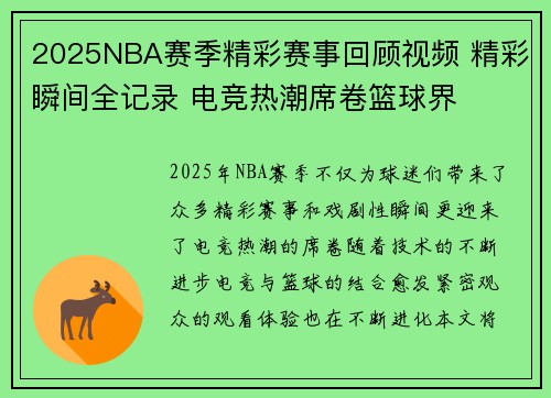 2025NBA赛季精彩赛事回顾视频 精彩瞬间全记录 电竞热潮席卷篮球界