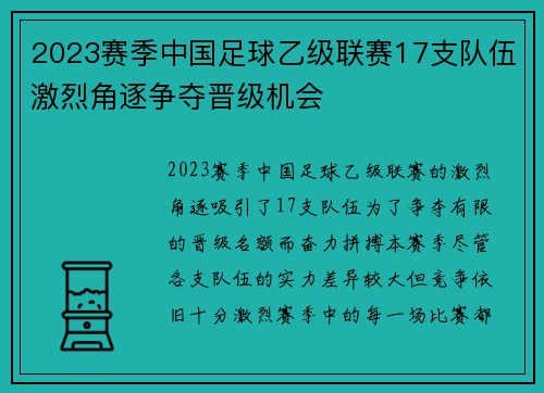 2023赛季中国足球乙级联赛17支队伍激烈角逐争夺晋级机会