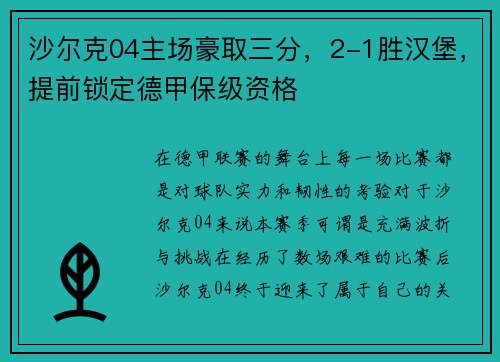 沙尔克04主场豪取三分，2-1胜汉堡，提前锁定德甲保级资格