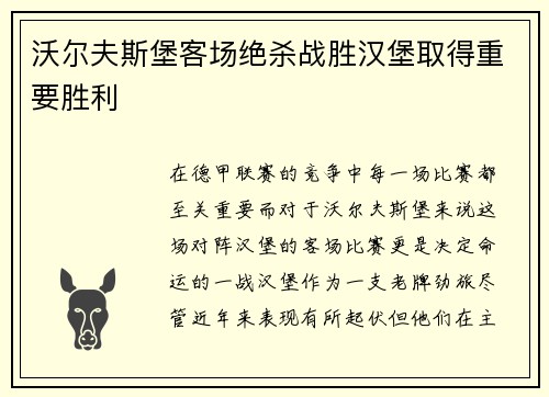 沃尔夫斯堡客场绝杀战胜汉堡取得重要胜利