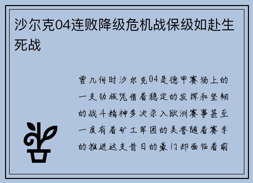 沙尔克04连败降级危机战保级如赴生死战