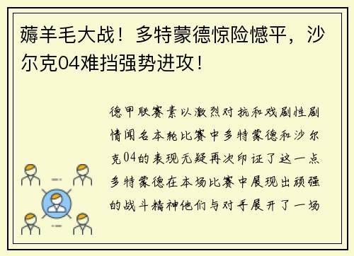 薅羊毛大战！多特蒙德惊险憾平，沙尔克04难挡强势进攻！